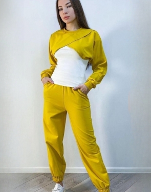 Легкий женский спортивный костюм тройка / топ с длинным рукавом/ Желтый