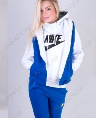 Тёплый Спортивный костюм женский зимний  "Найк" Тройка с мехом Синий купить в интернет магазине