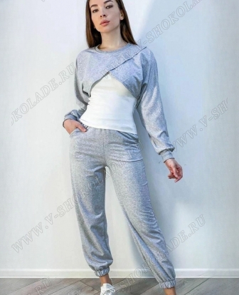 Легкий женский спортивный костюм тройка / топ с длинным рукавом/ Серый