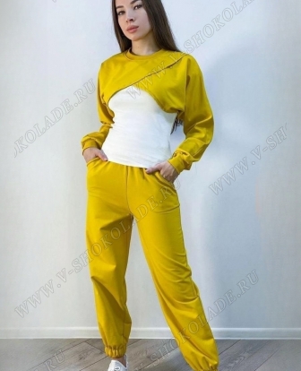 Легкий женский спортивный костюм тройка / топ с длинным рукавом/ Желтый