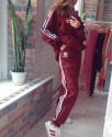 Утепленный спортивный костюм женский "Adidas" / Большие размеры / Бордовый